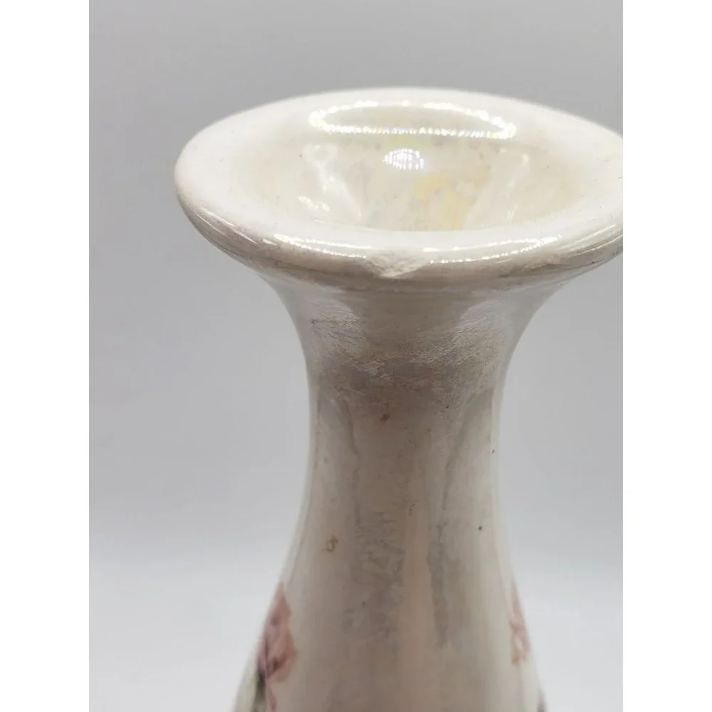 VTG Antique Iridescent Pink Rose Floral Single Stem Bud Vase Signed Fay's Cerami